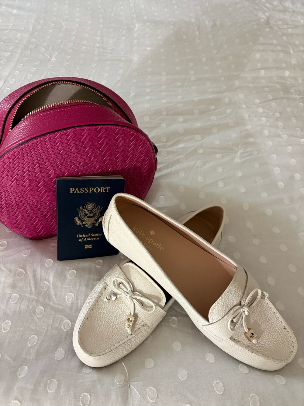kate spade Ivory Pebbled Leather Bow Driving Loafers